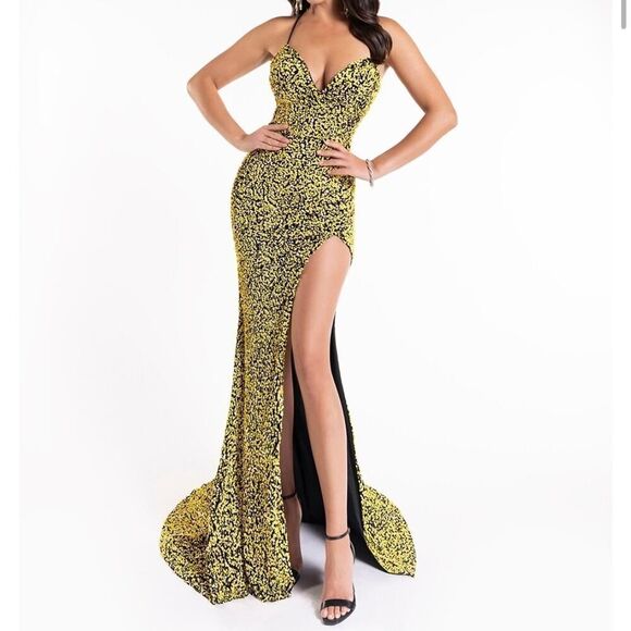 NWT Abby Paris x Lucci Lu 90163 Black‎ & Yellow Sequins High Slit Gown Size 8 - Picture 1 of 11